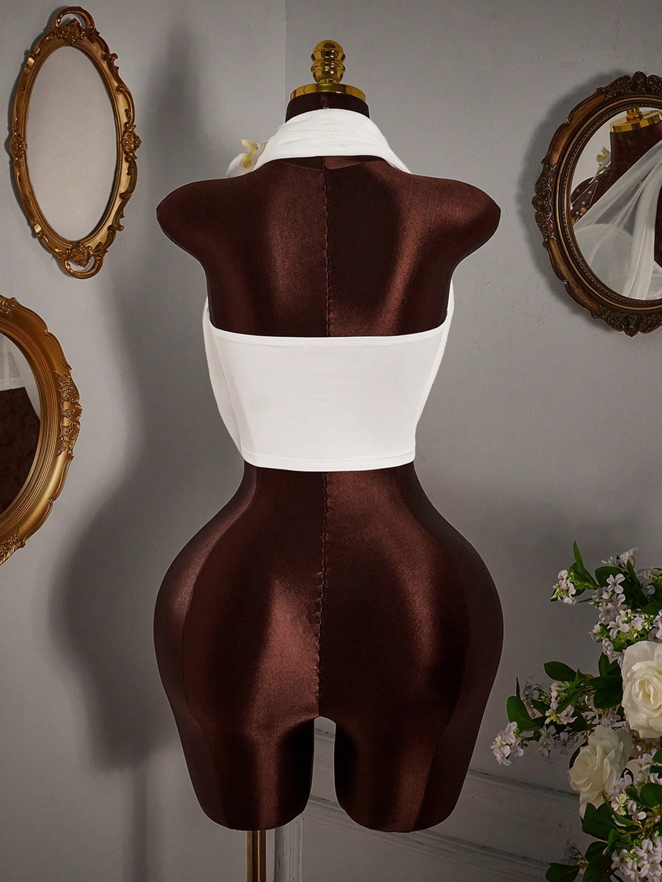 Asymmetrical Sheer Mesh Faux Flower Decor  Blouse