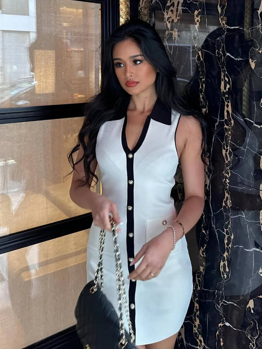 Button-Front Knit Bodycon Mini Dress Summer Chic Partywear