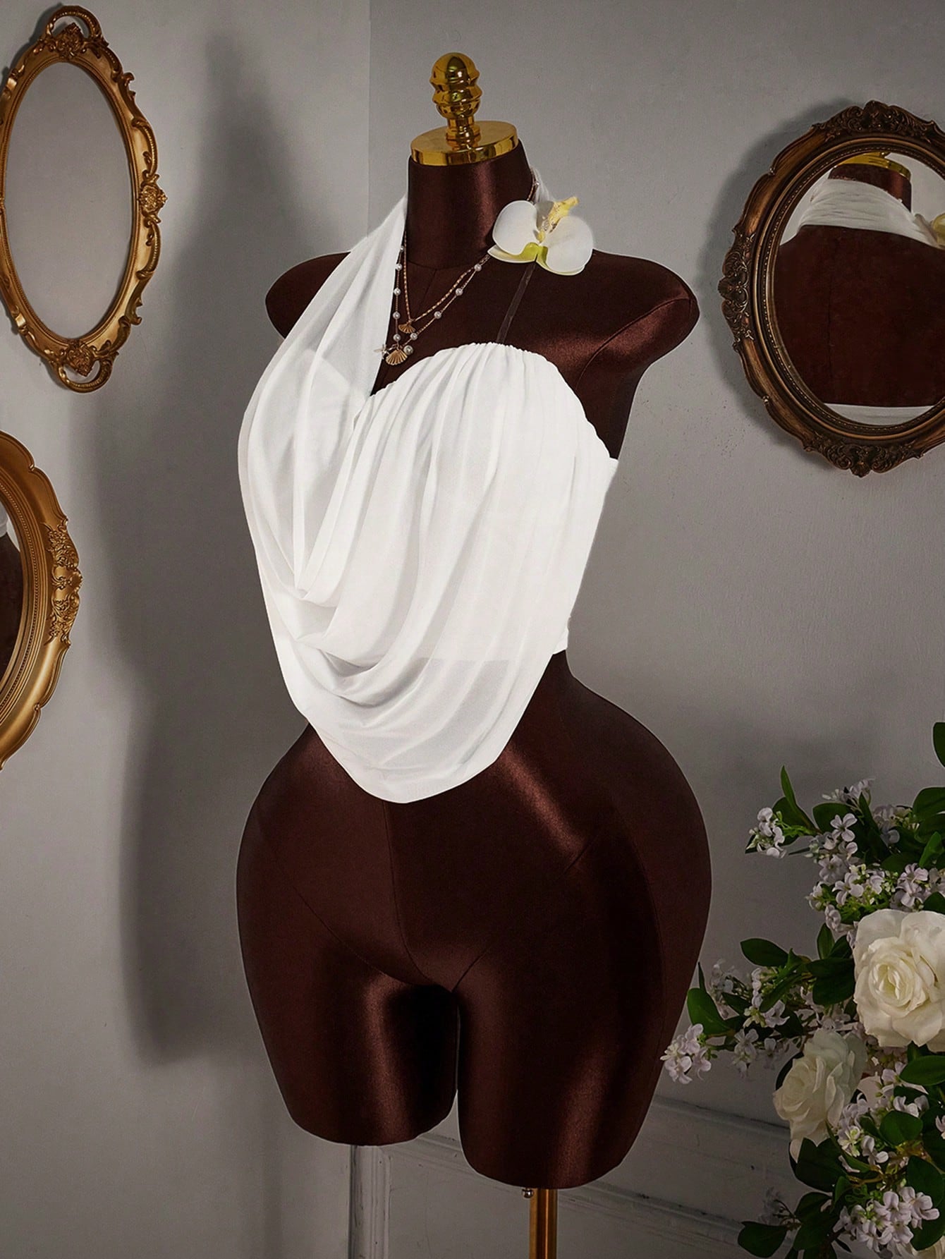 Asymmetrical Sheer Mesh Faux Flower Decor  Blouse