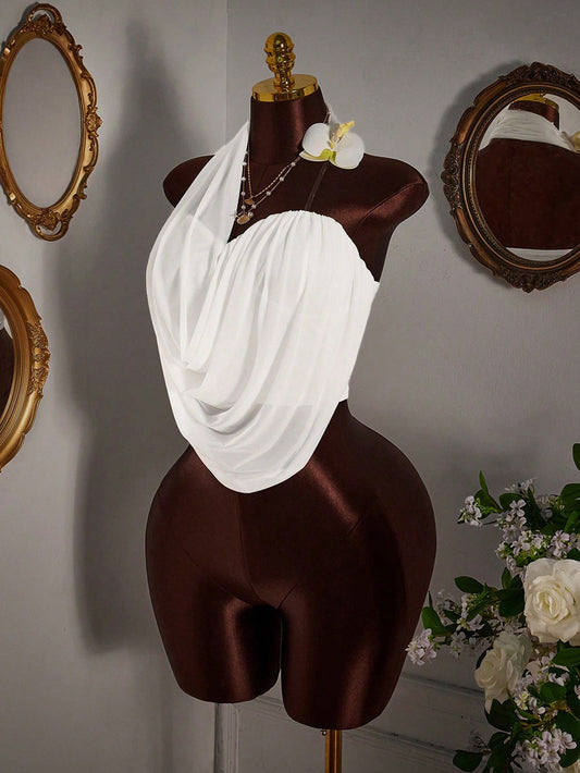 Asymmetrical Sheer Mesh Faux Flower Decor  Blouse