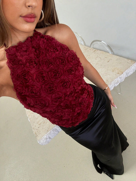 Ancora Red Camisole Top Burgundy Rose Flower Halter Neck Strap Top