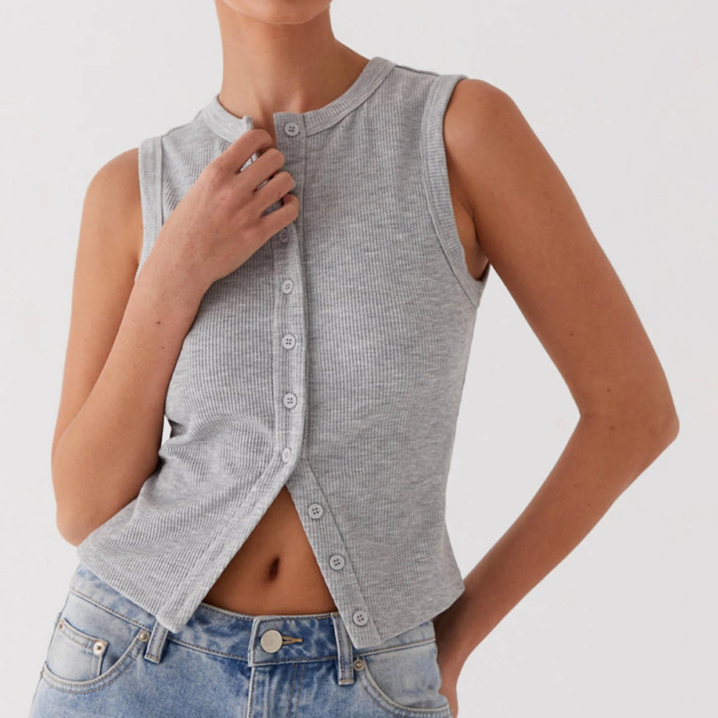 Women Button down Tank Vest Casual Slim Fit Sleeveless Ribbed Knit Shirt Y2K Going Out Crewneck Tank Crop Top