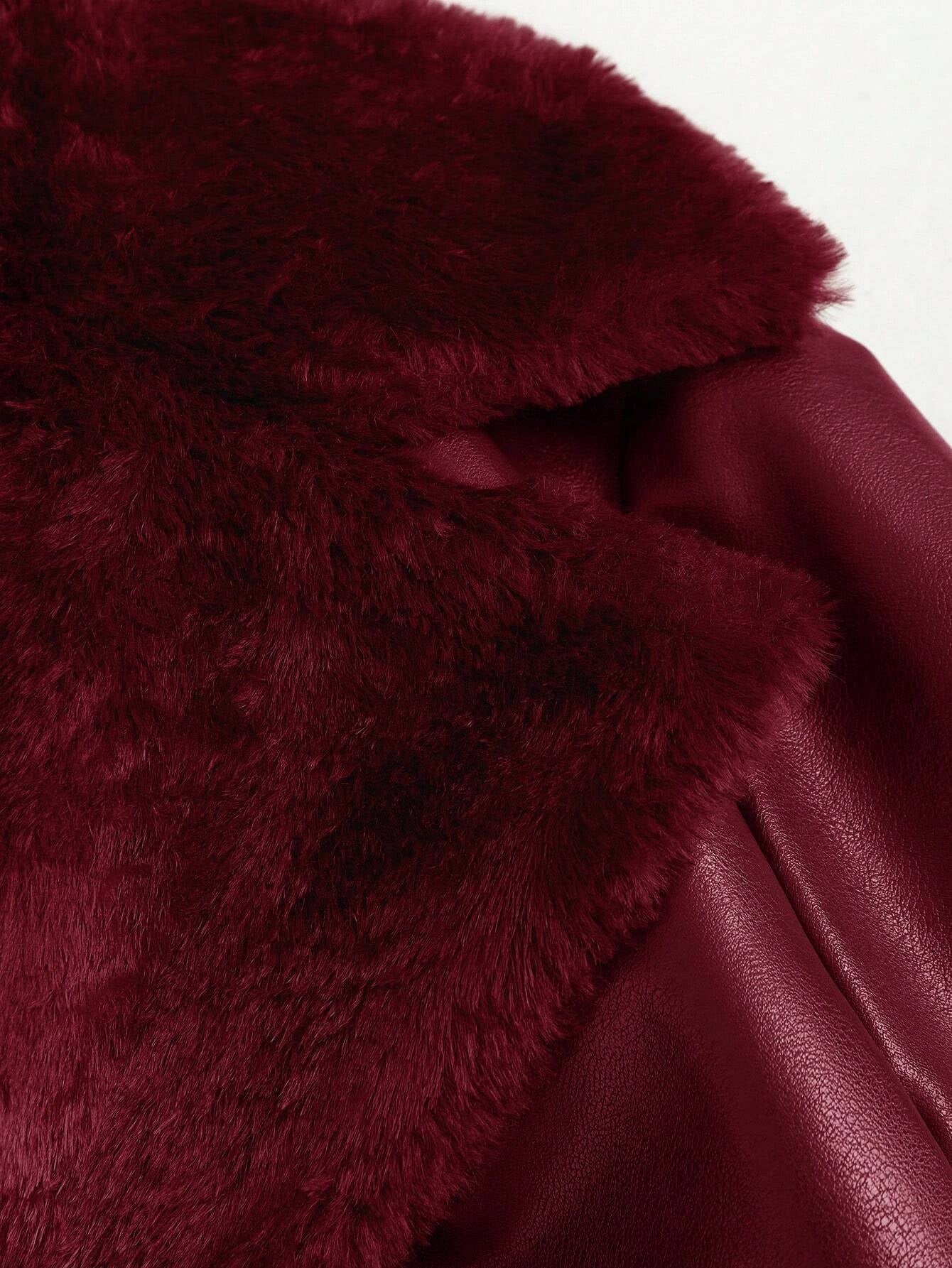 Full-Length Fluffy & PU Leather Trench Coat