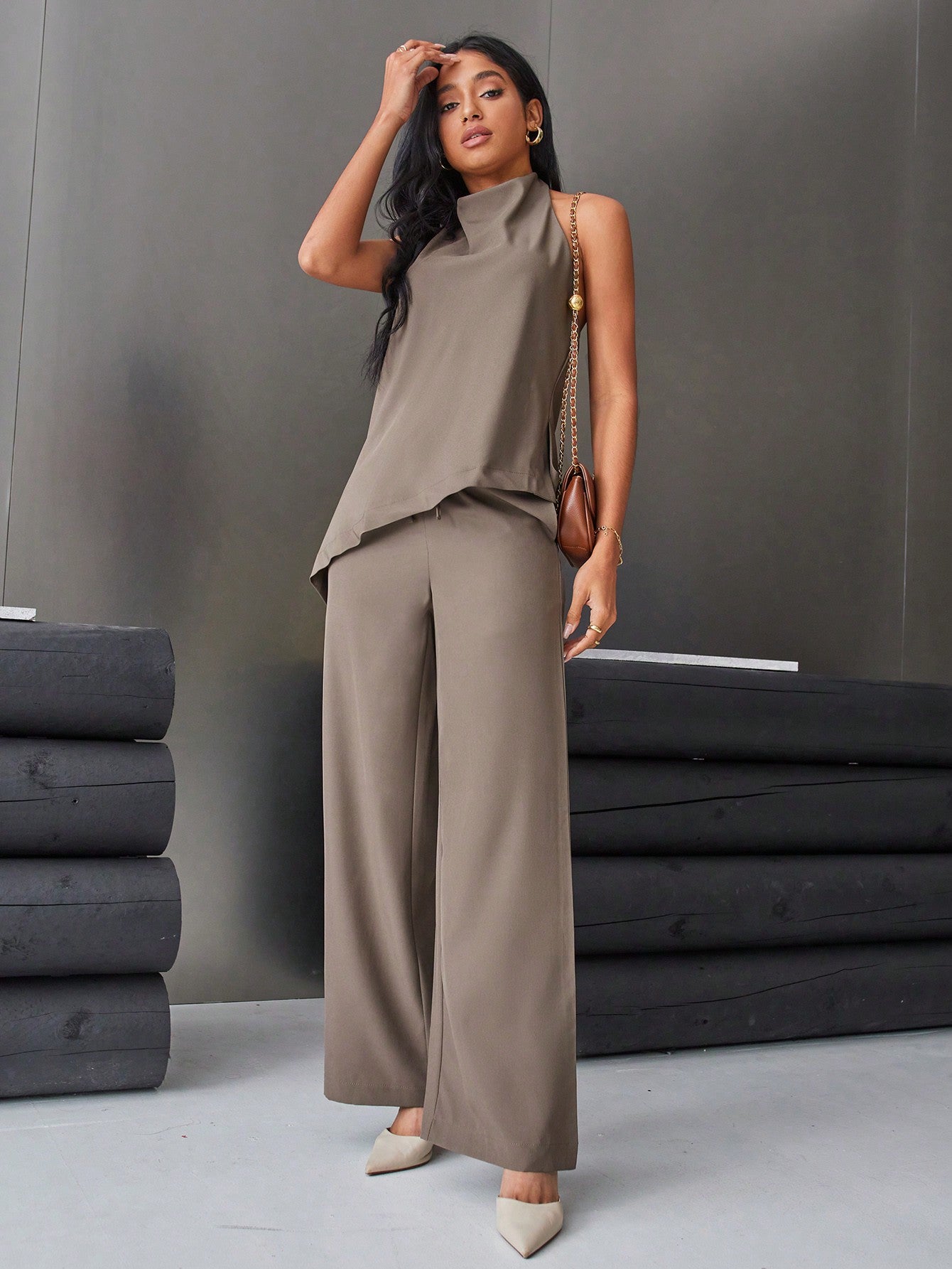 Aveloria Modichic Women'S Solid Color Backless Halter Top and Wide Leg Pants Two Pieces Set Elegant Business Casual Women