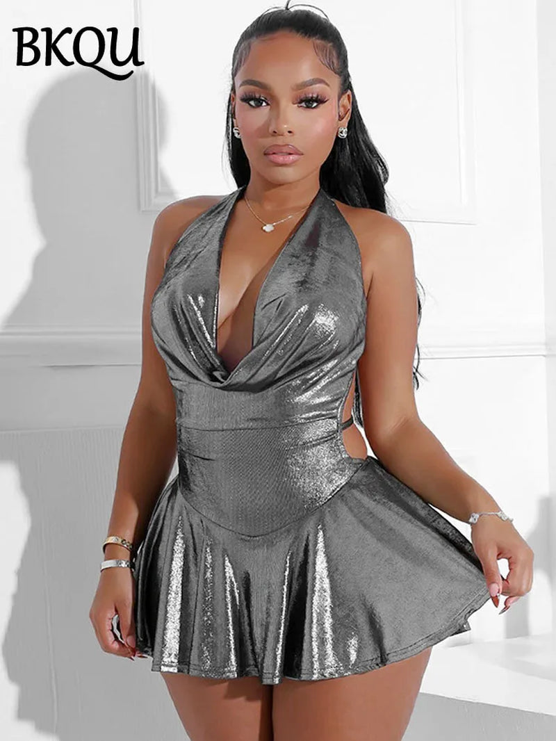 Metallic V-Neck Backless Mini Dress Shiny Pleated Bandage Clubwear