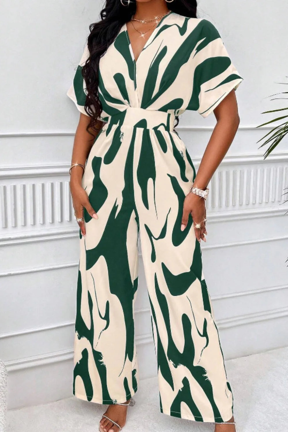 Aura Curve – Printed Wide-Leg Wrap Jumpsuit