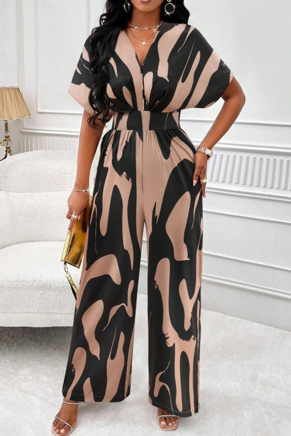Aura Curve – Printed Wide-Leg Wrap Jumpsuit