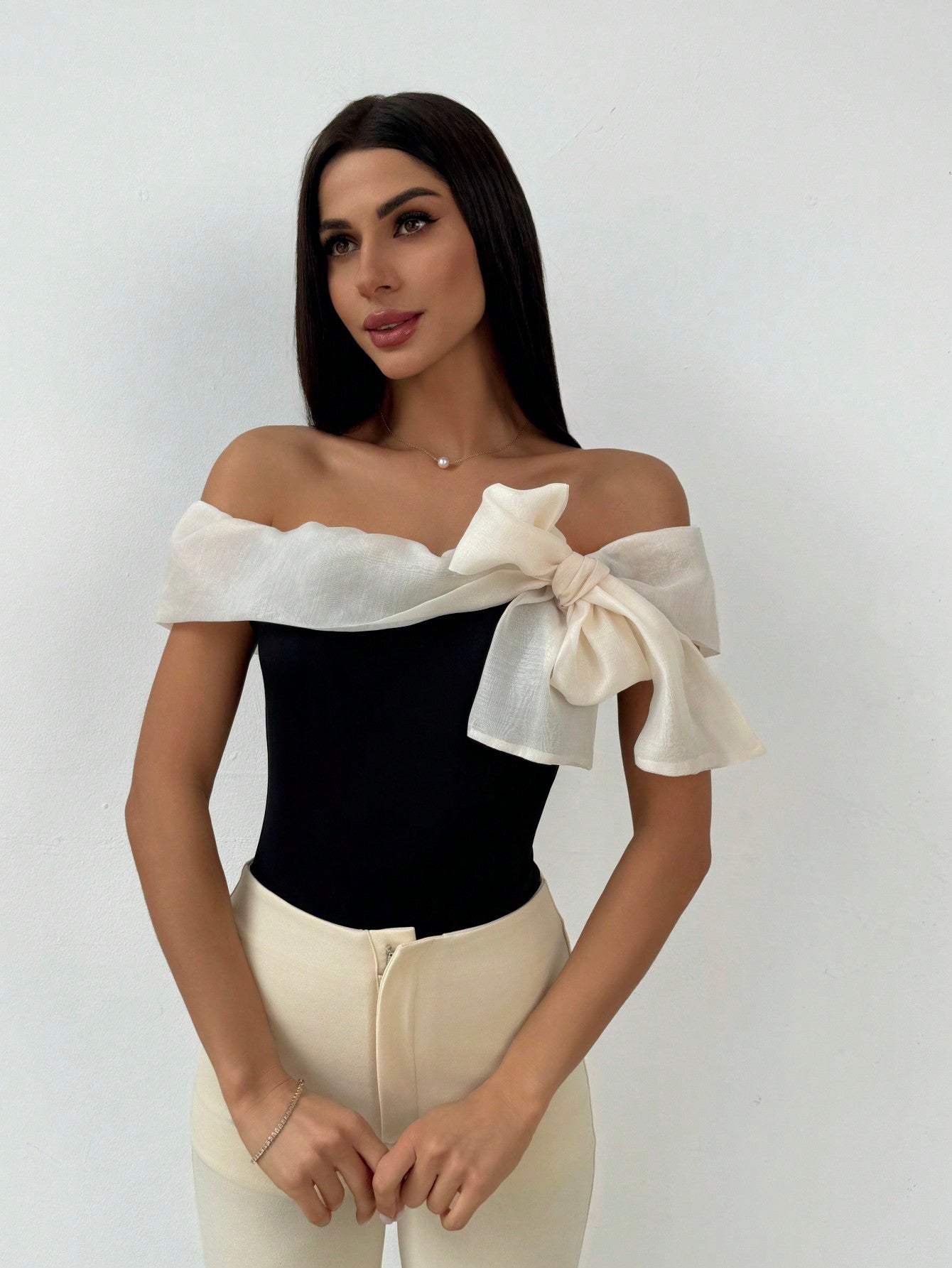 Firerie Black & White Contrast Color Bow Decorated off Shoulder Bodysuit