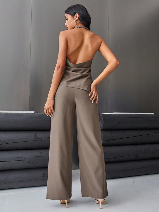 Aveloria Modichic Women'S Solid Color Backless Halter Top and Wide Leg Pants Two Pieces Set Elegant Business Casual Women