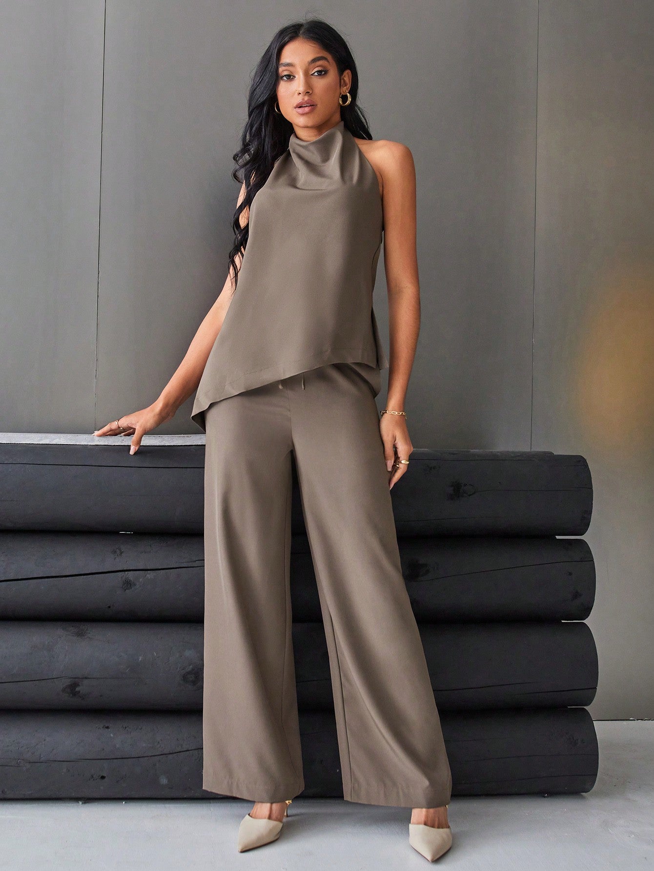 Aveloria Modichic Women'S Solid Color Backless Halter Top and Wide Leg Pants Two Pieces Set Elegant Business Casual Women