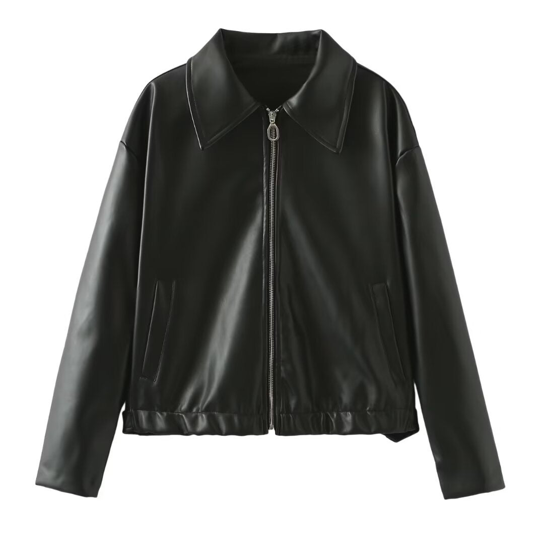 Solid Color Lapel Zipper Jacket Leather Coat