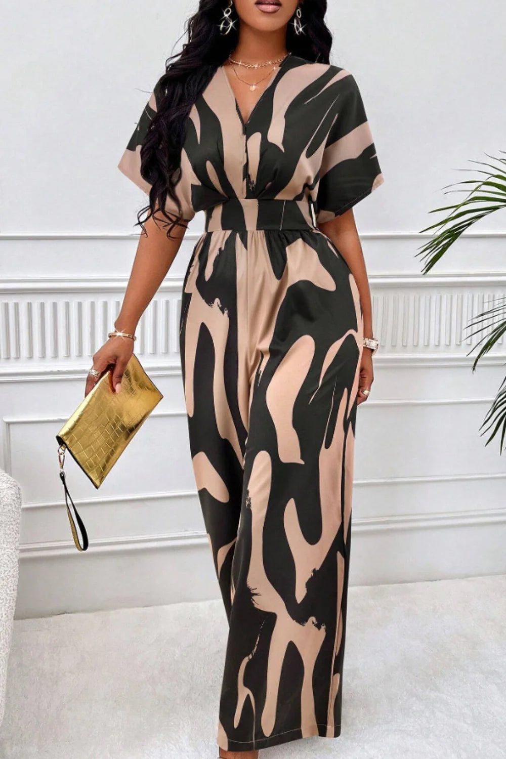 Aura Curve – Printed Wide-Leg Wrap Jumpsuit
