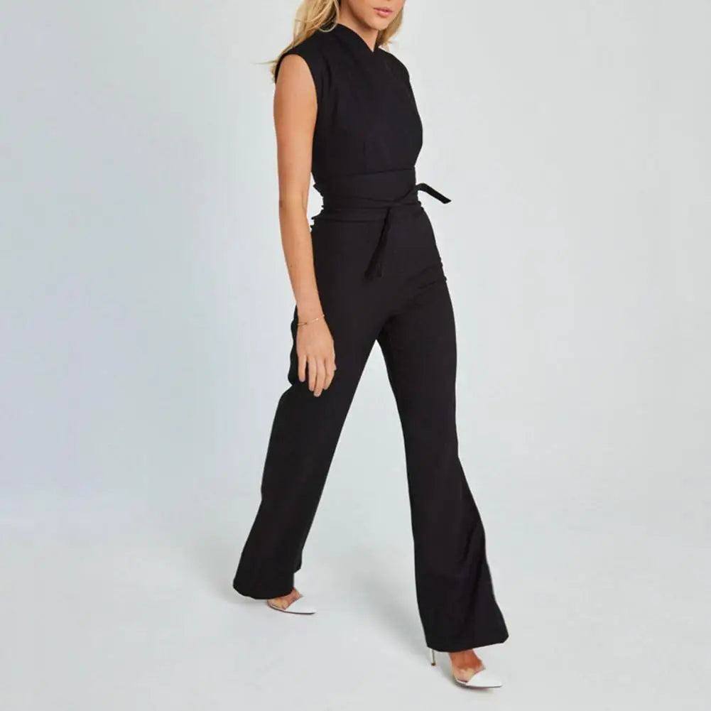 Elegant V-Neck Belted Wide-Leg Jumpsuit Office Chic & Evening Wear