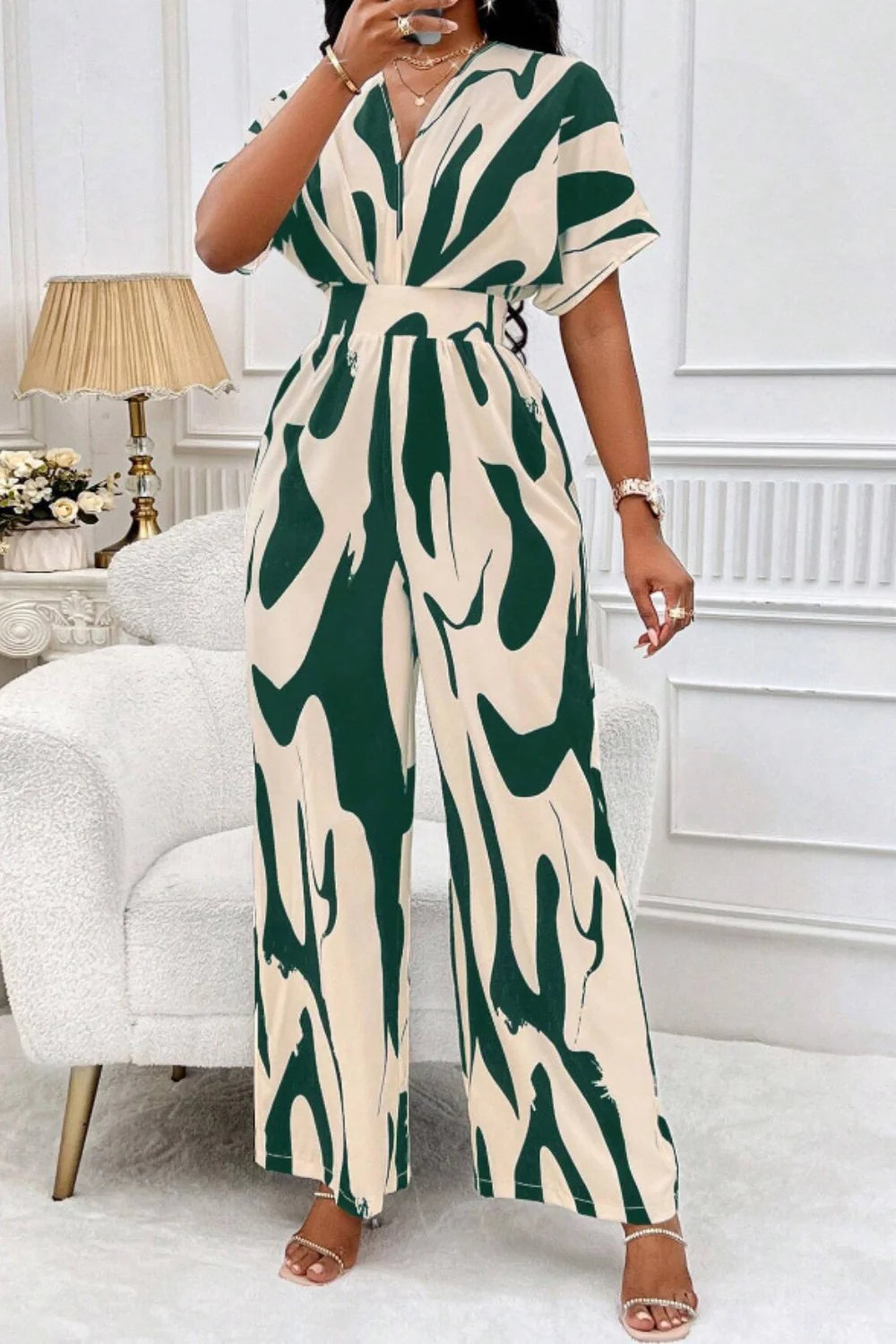 Aura Curve – Printed Wide-Leg Wrap Jumpsuit