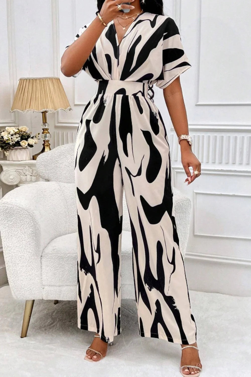 Aura Curve – Printed Wide-Leg Wrap Jumpsuit