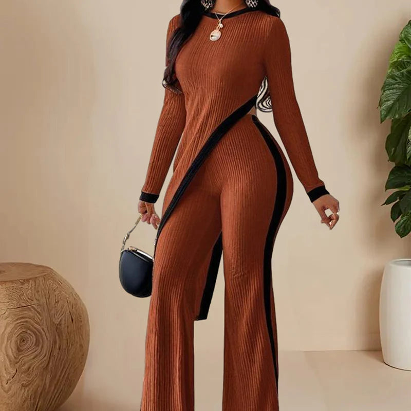 Women Elegant Irregular round Neck Two-Piece Suit Long Sleeve Pants