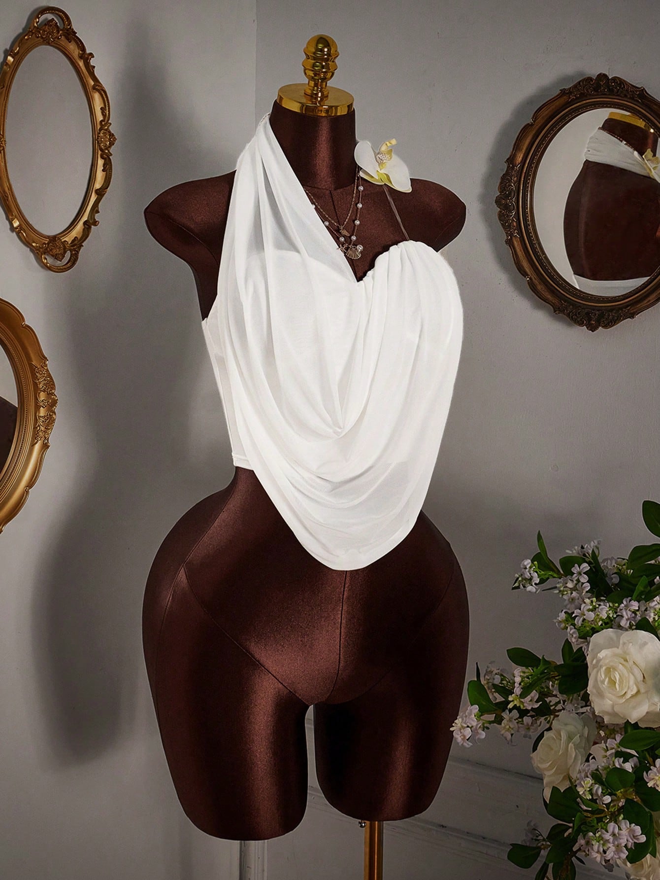 Asymmetrical Sheer Mesh Faux Flower Decor  Blouse