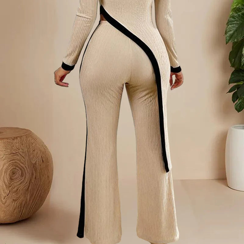 Women Elegant Irregular round Neck Two-Piece Suit Long Sleeve Pants
