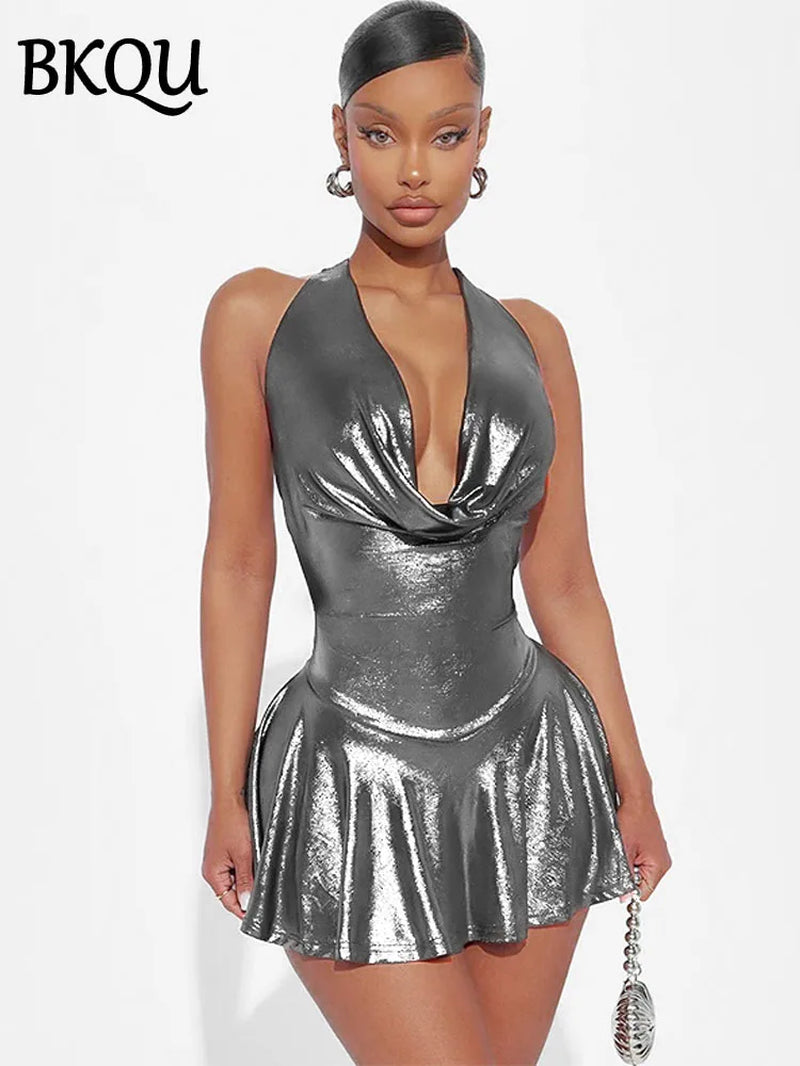 Metallic V-Neck Backless Mini Dress Shiny Pleated Bandage Clubwear