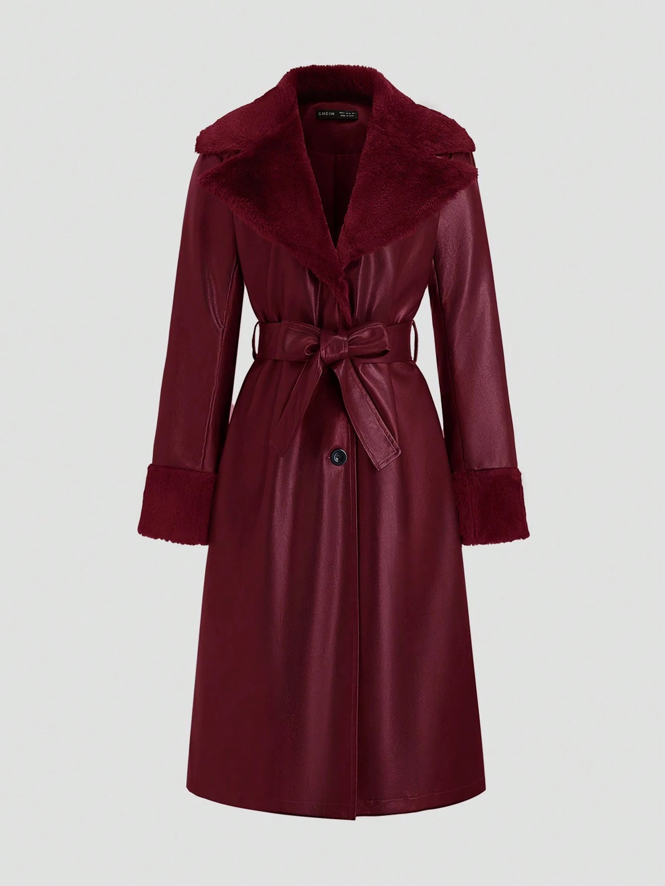 Full-Length Fluffy & PU Leather Trench Coat