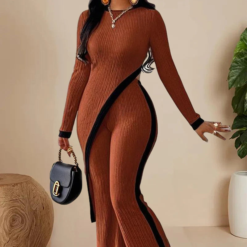 Women Elegant Irregular round Neck Two-Piece Suit Long Sleeve Pants