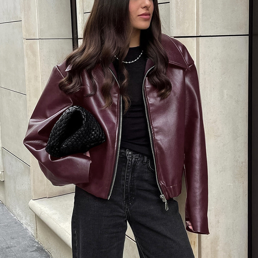 Solid Color Lapel Zipper Jacket Leather Coat 