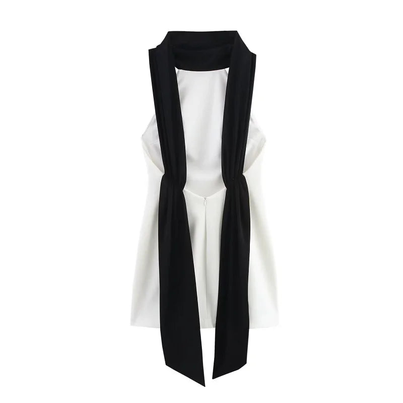 White Backless Halter Mini Dress with Black Contrast Elegant Party & Cocktail Wear