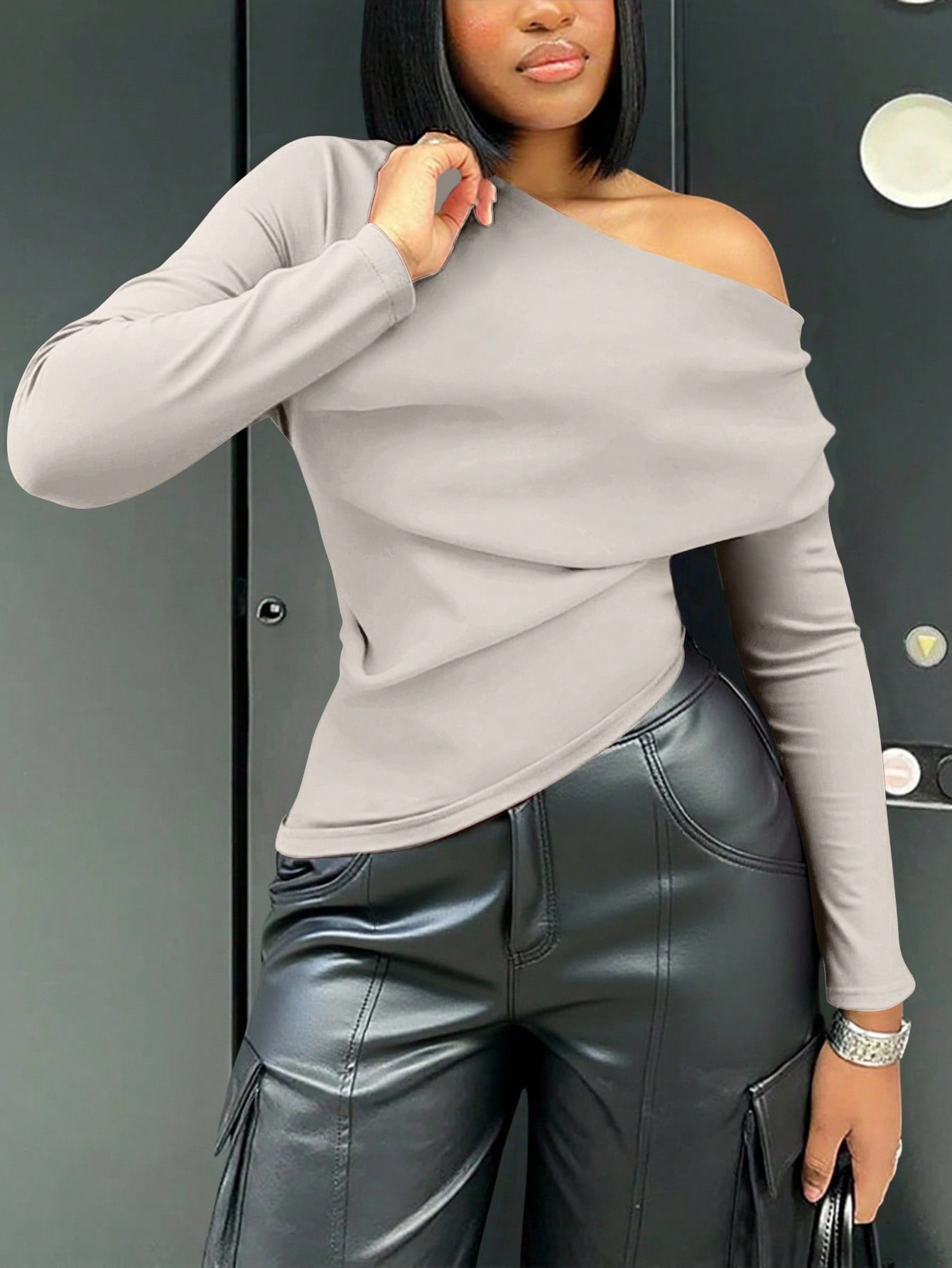 Solid Color Asymmetric Neck Long Sleeve Top