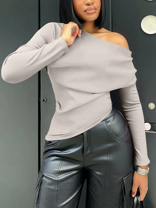 Solid Color Asymmetric Neck Long Sleeve Top