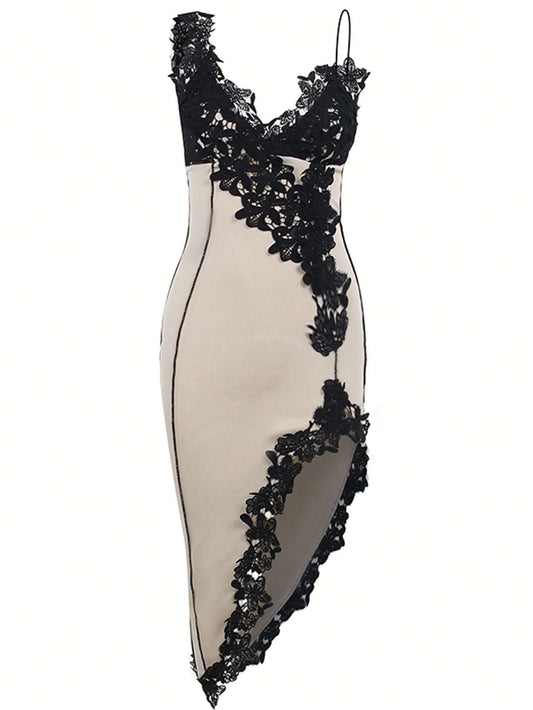   Y2K Lace  Spaghetti Strap Sleeveless Dress Ruffle Slit Party Cocktail Dress