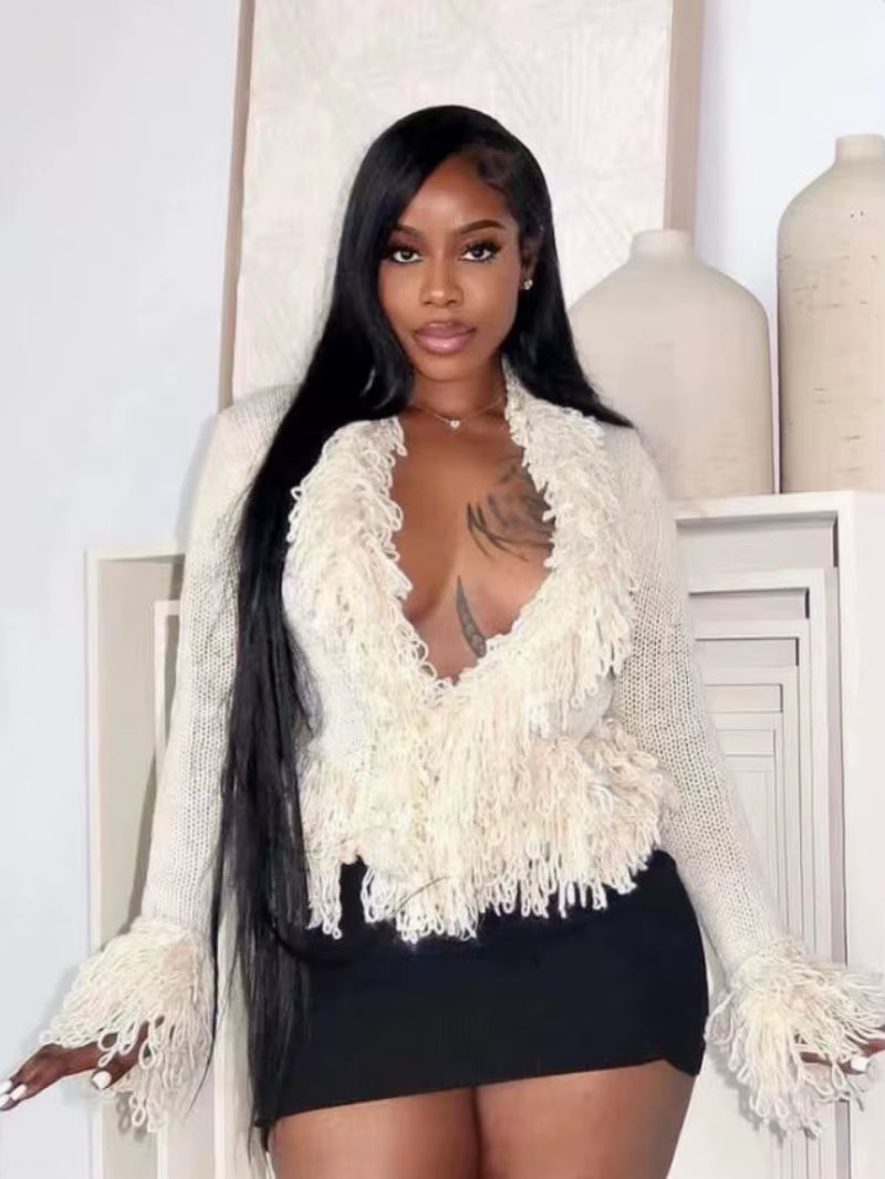 Vintage Fringe Sweater Jackets Women Hipster  Long Sleeve Knit Cardigan