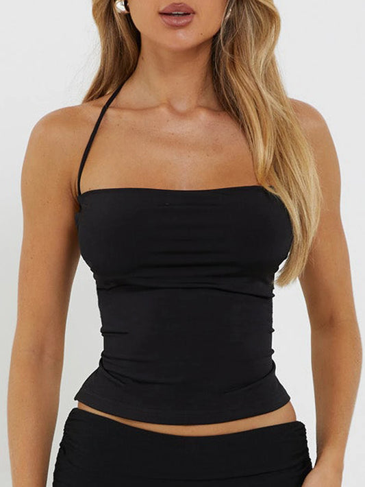 Halter Neck Backless Tank Top – Slim Fit Solid Color