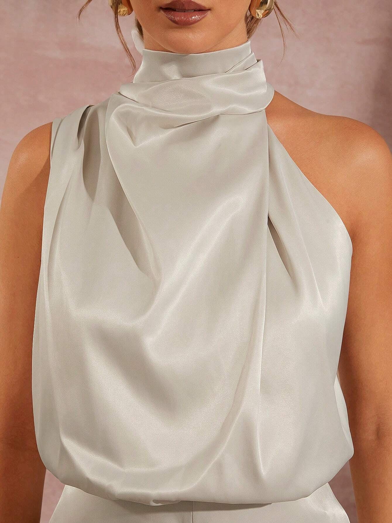 Asymmetrical Mock Neck Satin Jumpsuit – Draped Front Party Wear