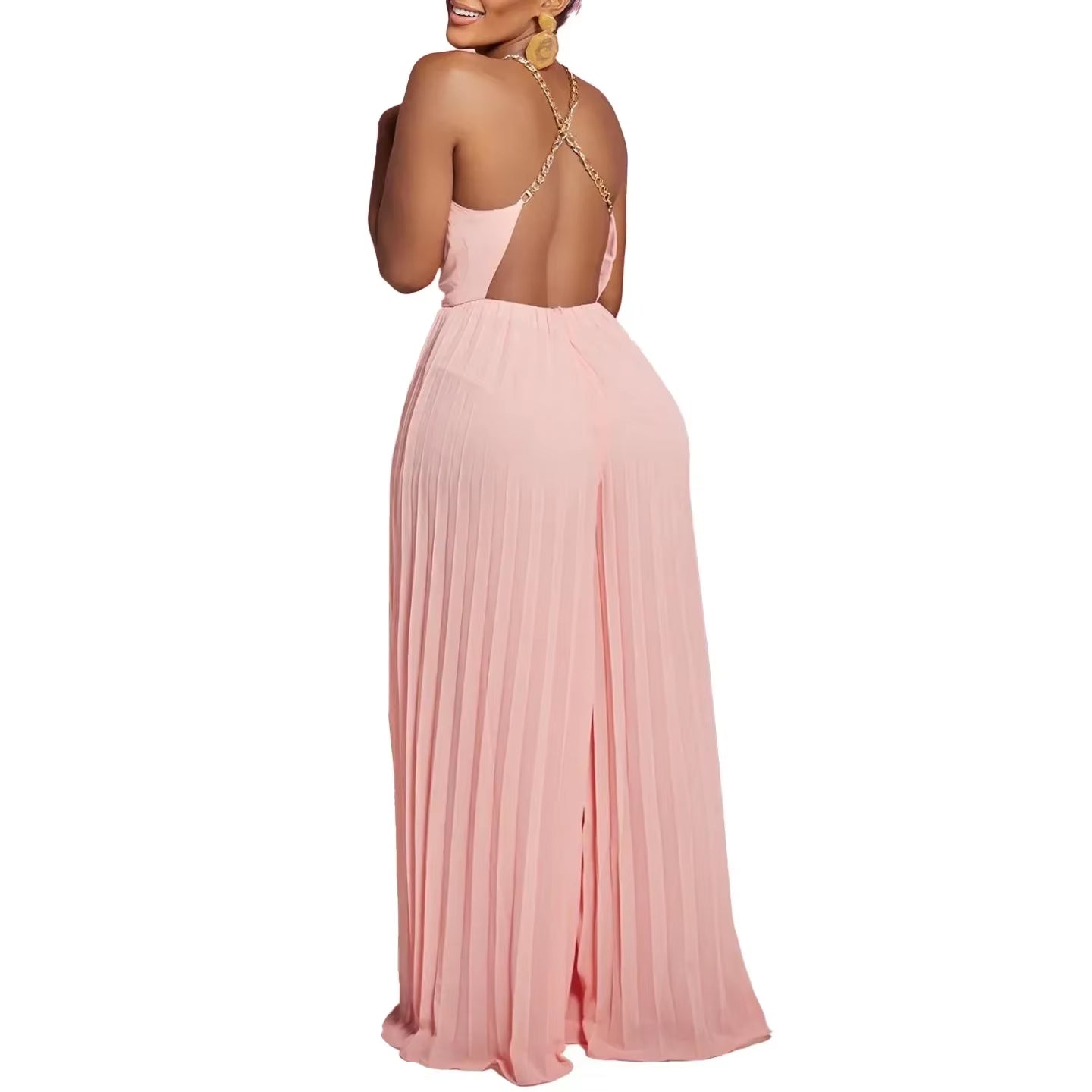 Pleated Wide-Leg Evening Jumpsuit – Sleeveless High-Waist Design