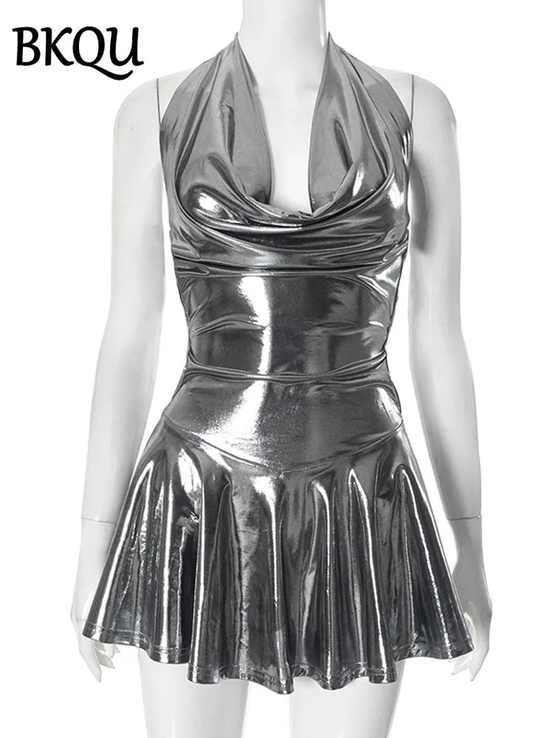 Metallic V-Neck Backless Mini Dress Shiny Pleated Bandage Clubwear