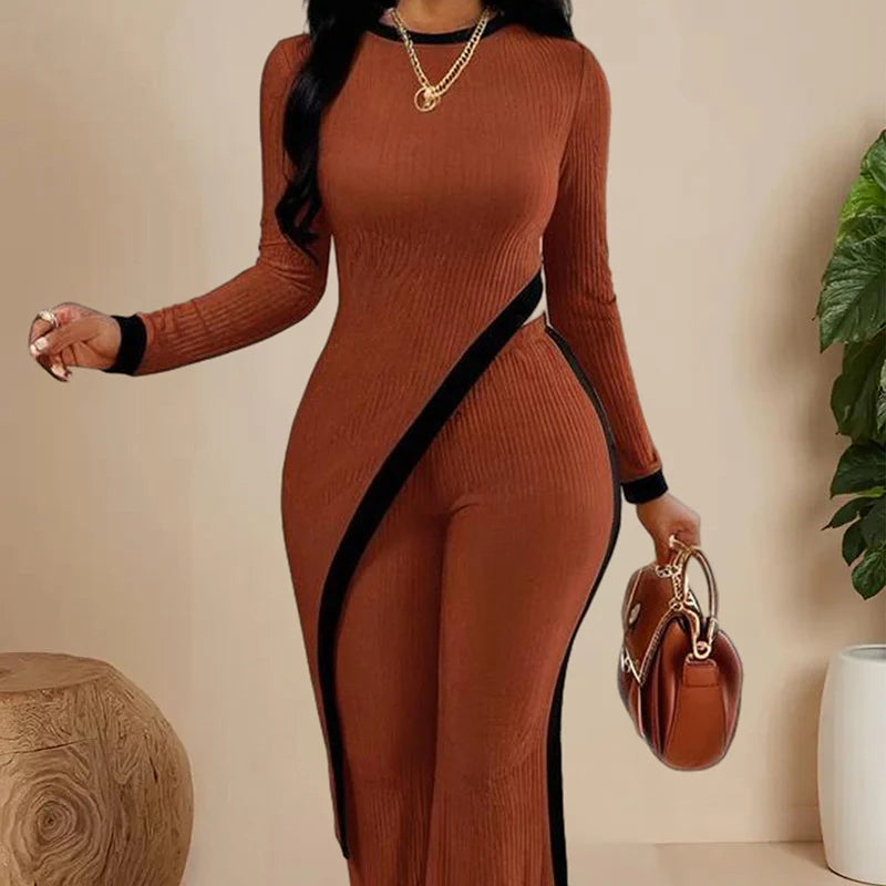 Women Elegant Irregular round Neck Two-Piece Suit Long Sleeve Pants