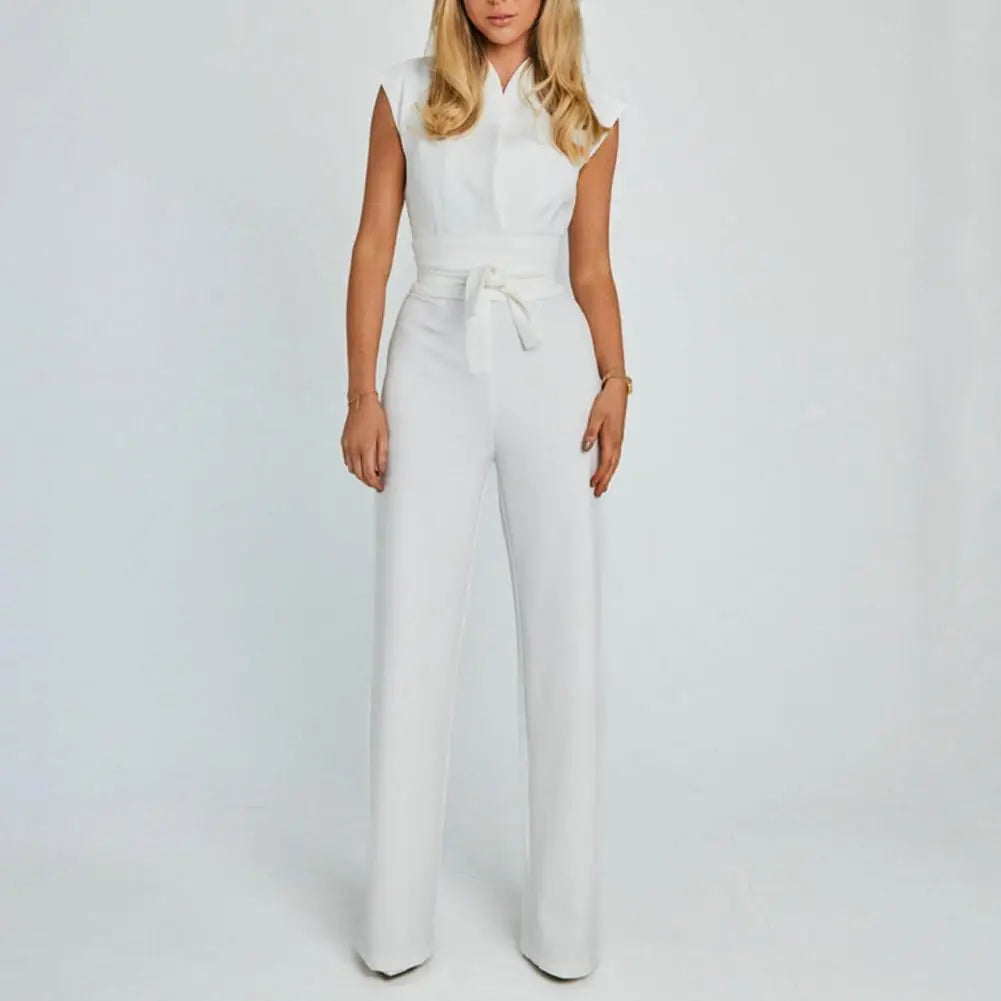 Elegant V-Neck Belted Wide-Leg Jumpsuit Office Chic & Evening Wear