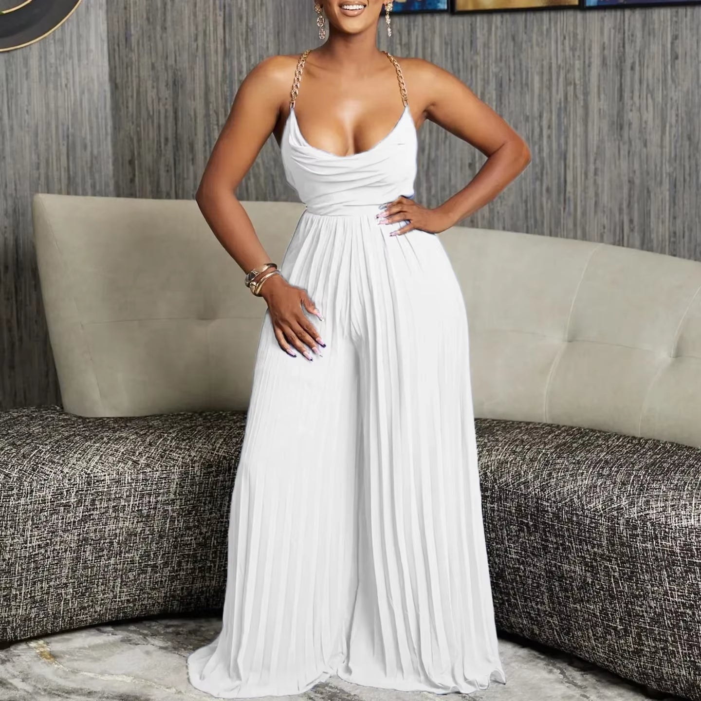 Pleated Wide-Leg Evening Jumpsuit – Sleeveless High-Waist Design