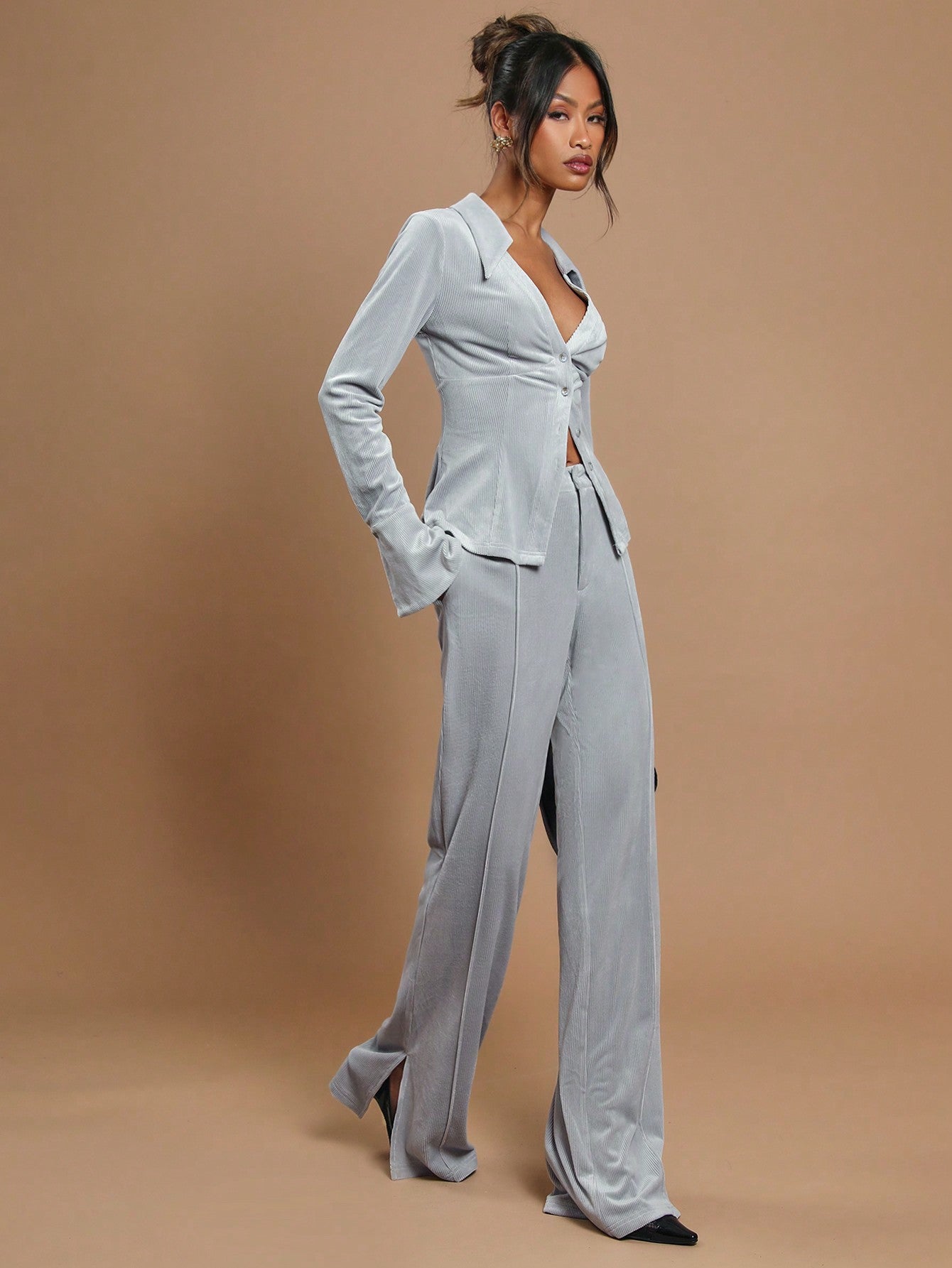 COSMINA 2Pcs Women Plain Front Button up Blouse and Long Pants Set