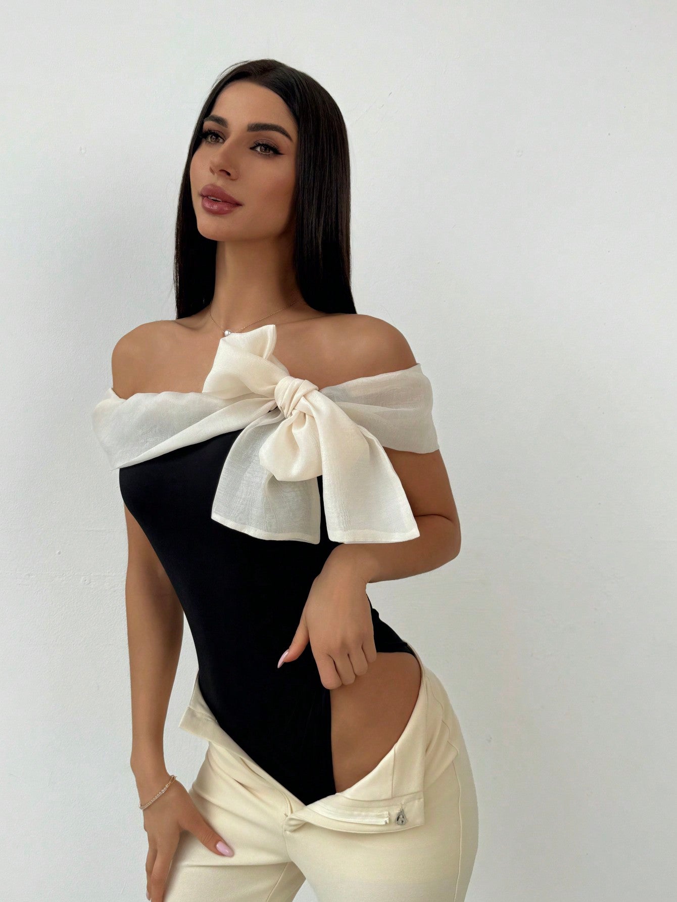 Firerie Black & White Contrast Color Bow Decorated off Shoulder Bodysuit  
