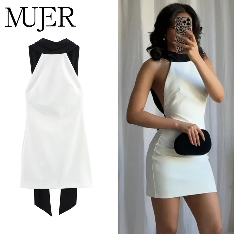 White Backless Halter Mini Dress with Black Contrast Elegant Party & Cocktail Wear