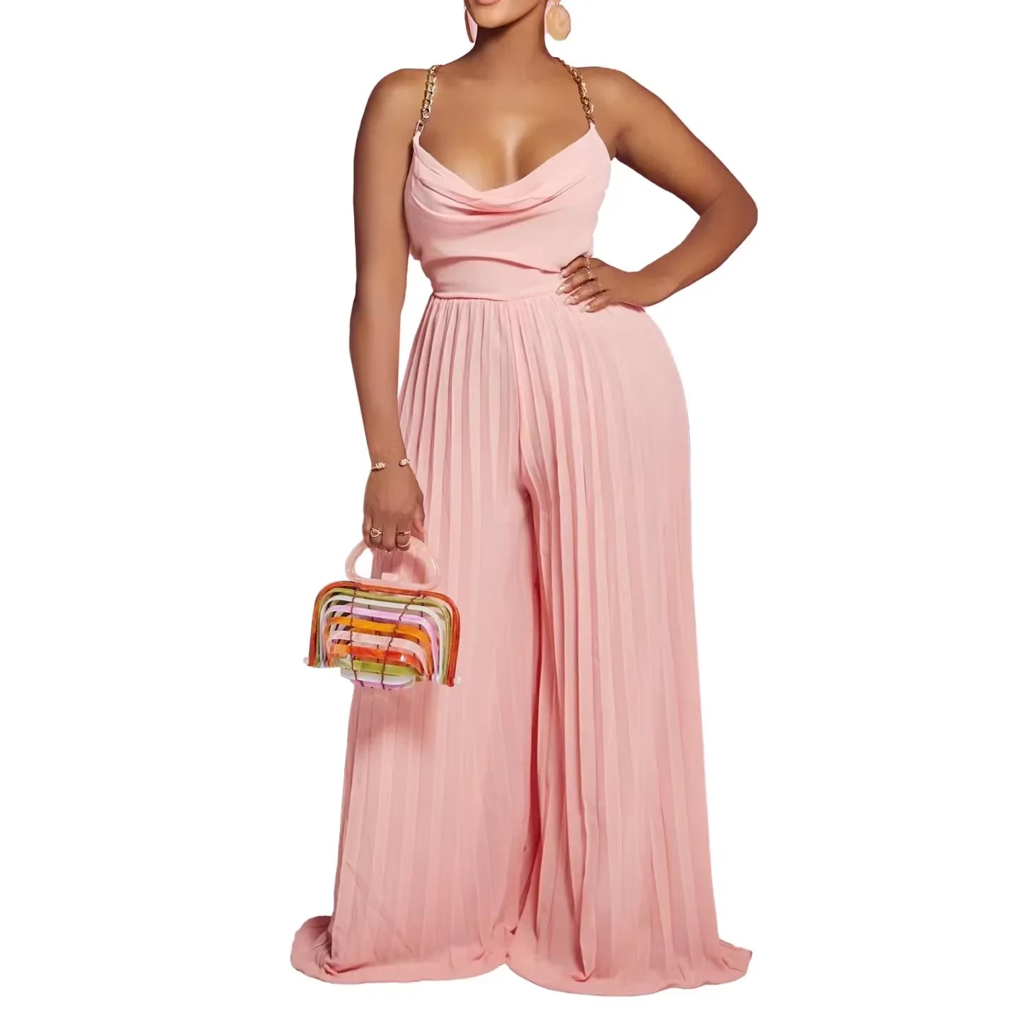Pleated Wide-Leg Evening Jumpsuit – Sleeveless High-Waist Design