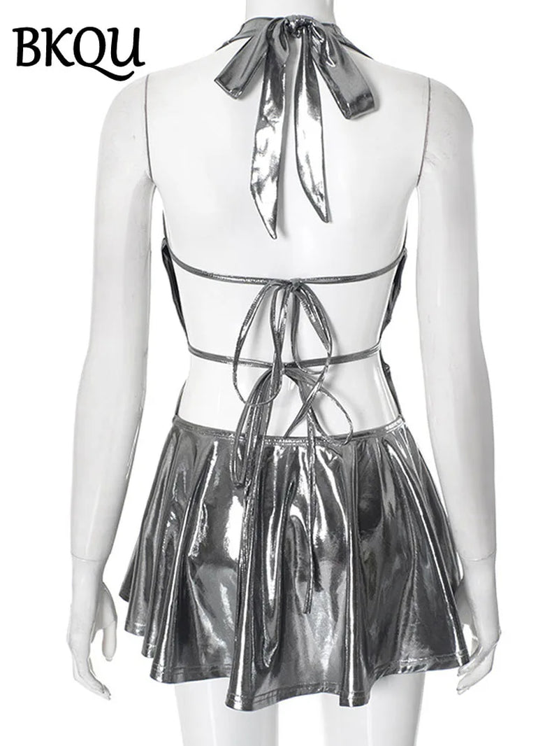 Metallic V-Neck Backless Mini Dress Shiny Pleated Bandage Clubwear