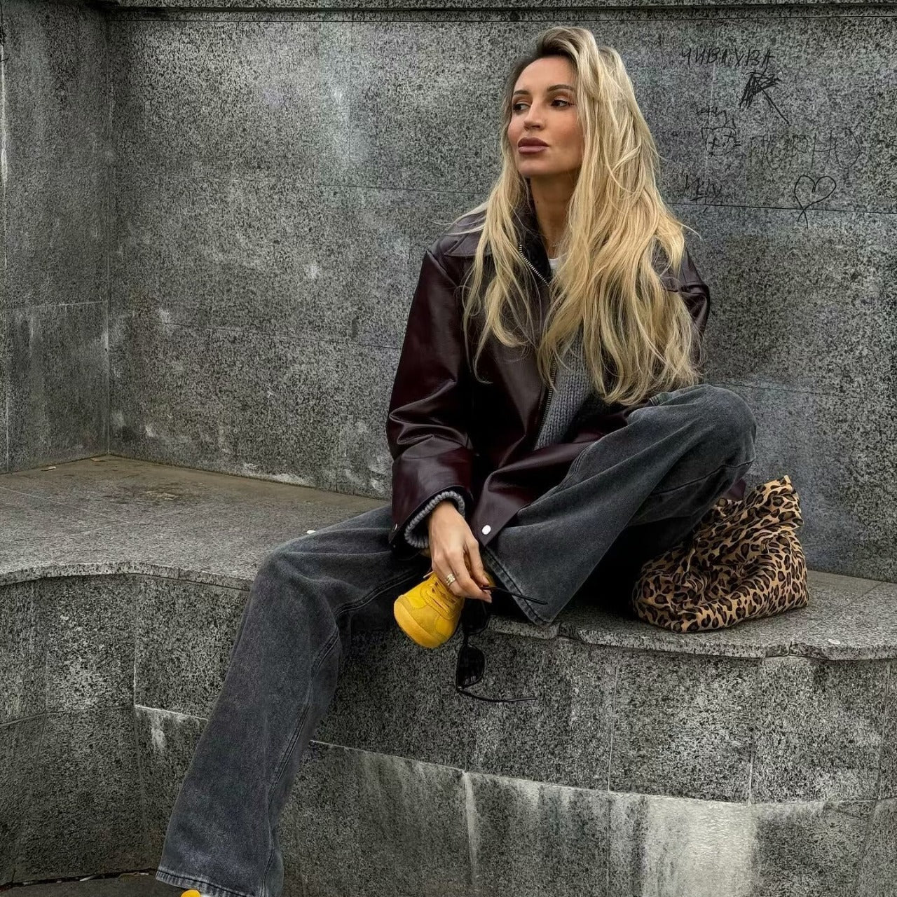 Solid Color Lapel Zipper Jacket Leather Coat 