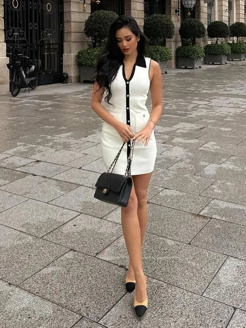 Button-Front Knit Bodycon Mini Dress  Summer Chic Partywear