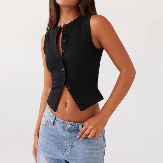Women Button down Tank Vest Casual Slim Fit Sleeveless Ribbed Knit Shirt Y2K Going Out Crewneck Tank Crop Top