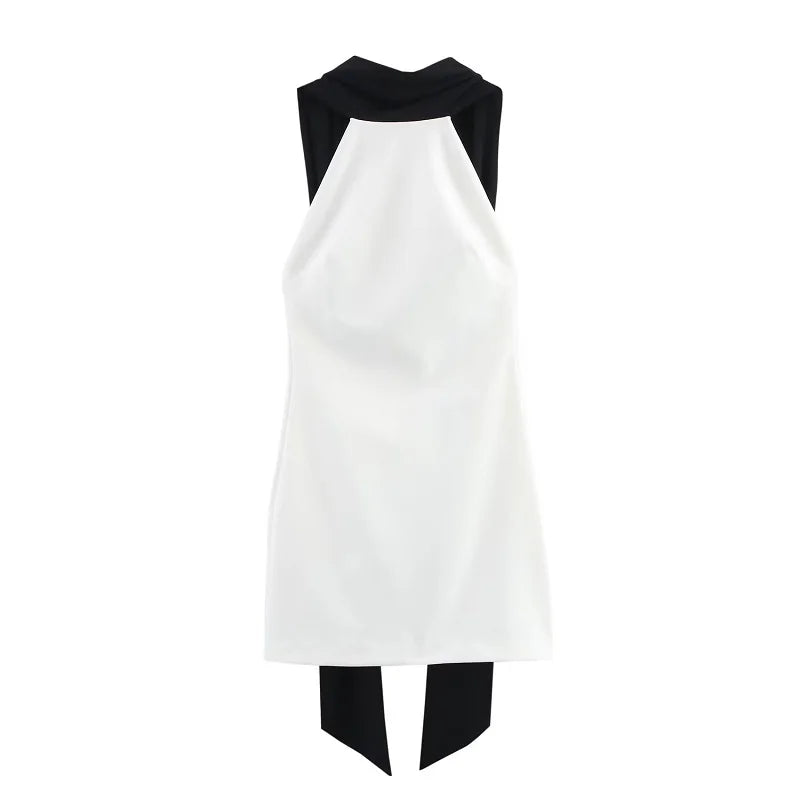 White Backless Halter Mini Dress with Black Contrast Elegant Party & Cocktail Wear