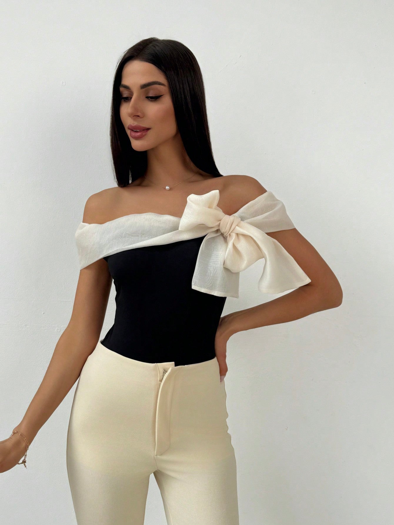 Firerie Black & White Contrast Color Bow Decorated off Shoulder Bodysuit  