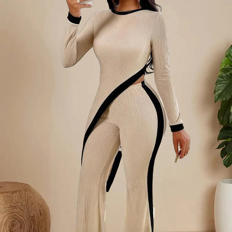 Women Elegant Irregular round Neck Two-Piece Suit Long Sleeve Pants
