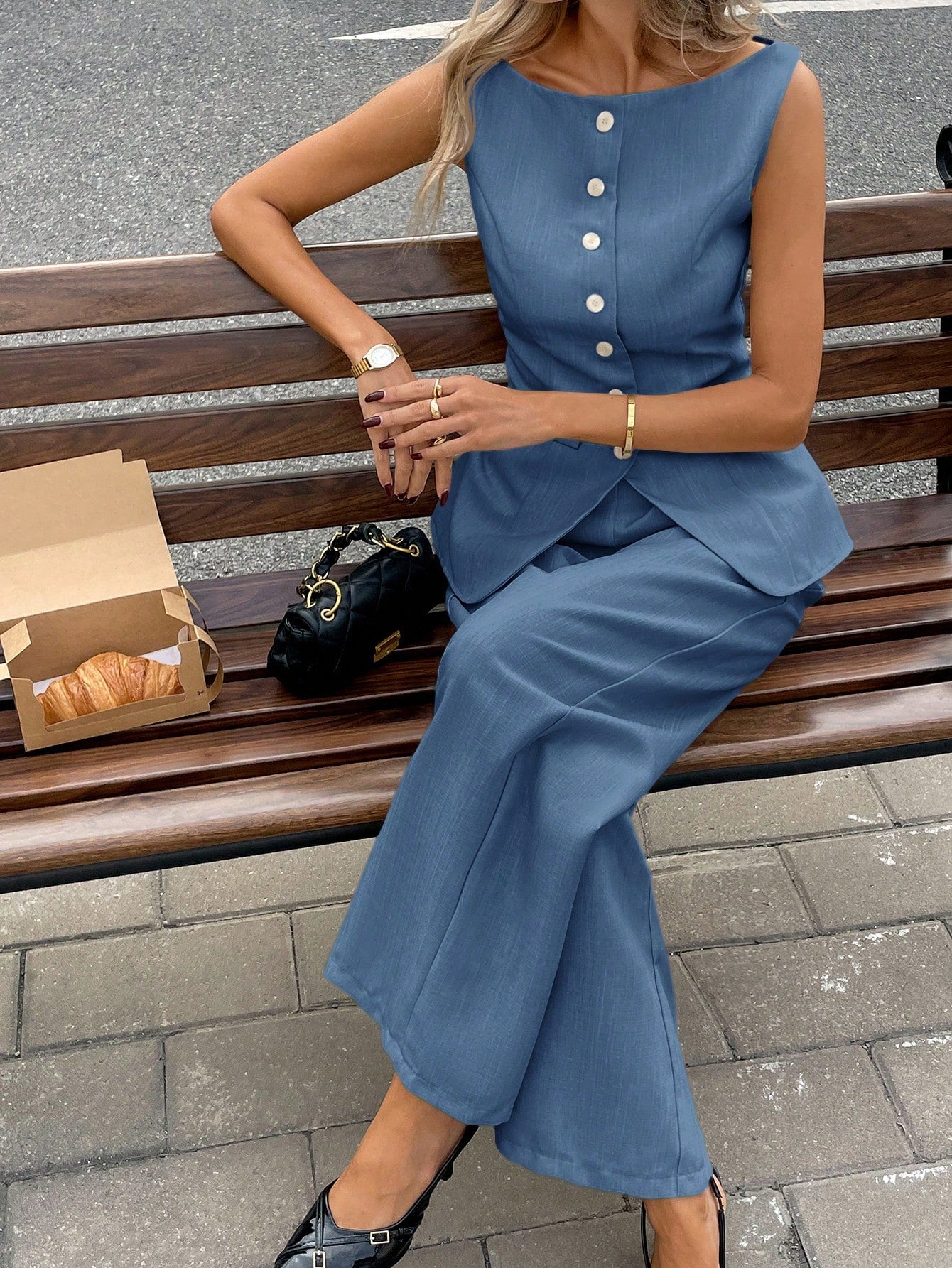Siren Gaze Two-Piece Set – Sleeveless Button-Front Top & Wide-Leg Pants